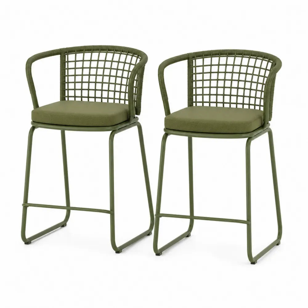 2er Set Barhocker mit Rückenlehne Armlehnen und Fußstütze PE-Rattan Polyesterkissen Stahlgestell olivgrün 58 x 56 x 102 cm