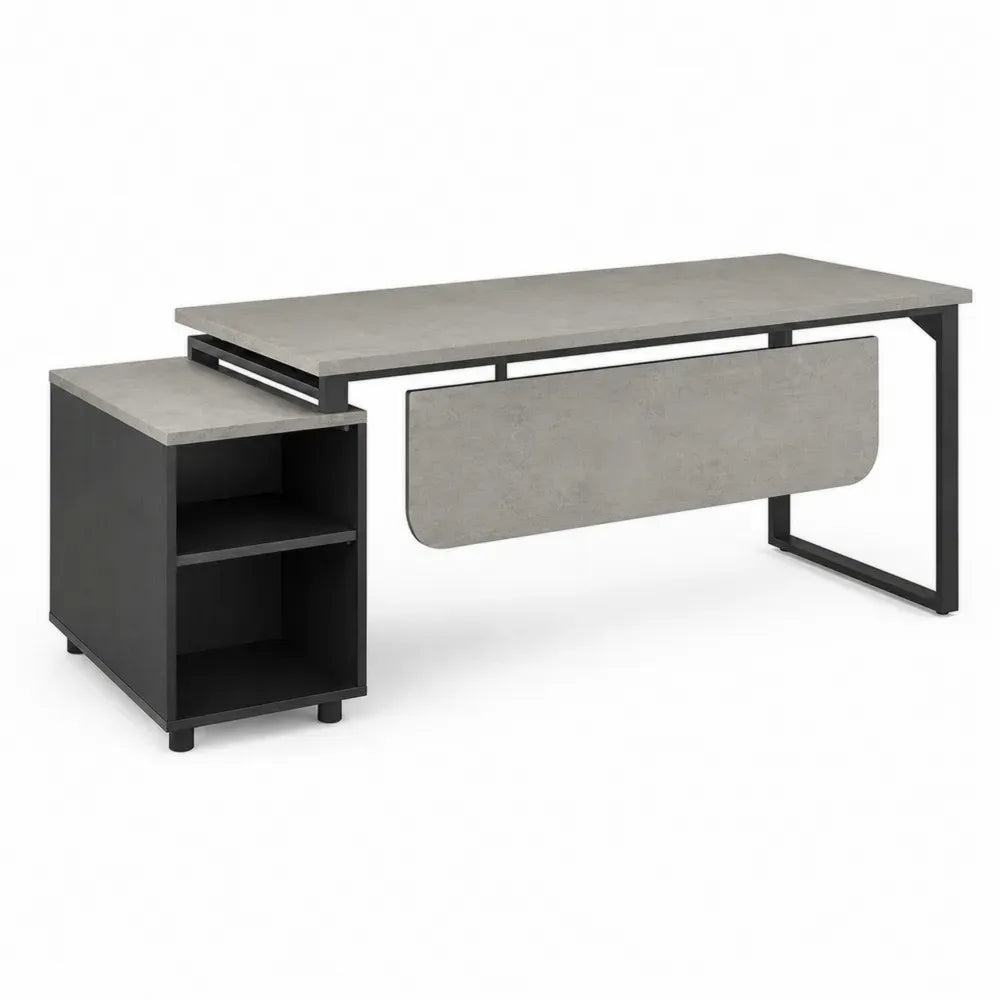 Schreibtisch mit Seitenregal rechteckig aus melaminbeschichteter Spanplatte und Stahlgestell grau betonoptik schwarz 160 x 60 x 76 cm