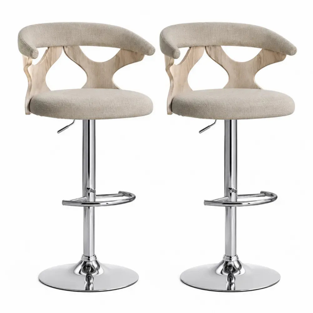 2er Set Barhocker höhenverstellbar drehbar mit Polyester-Bouclé Formsperrholz und verchromtem Stahl beige naturfarben silberfarben 54 x 52 x 87 bis 108 cm