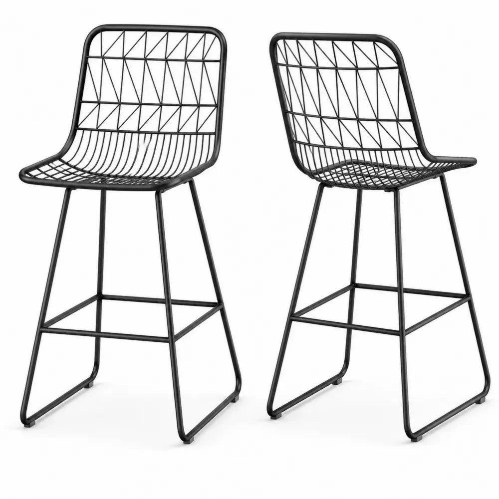2er Set Barhocker mit Rückenlehne und Fußstütze aus pulverbeschichtetem Stahl Drahtgitter schwarz 48 x 52 x 108 cm