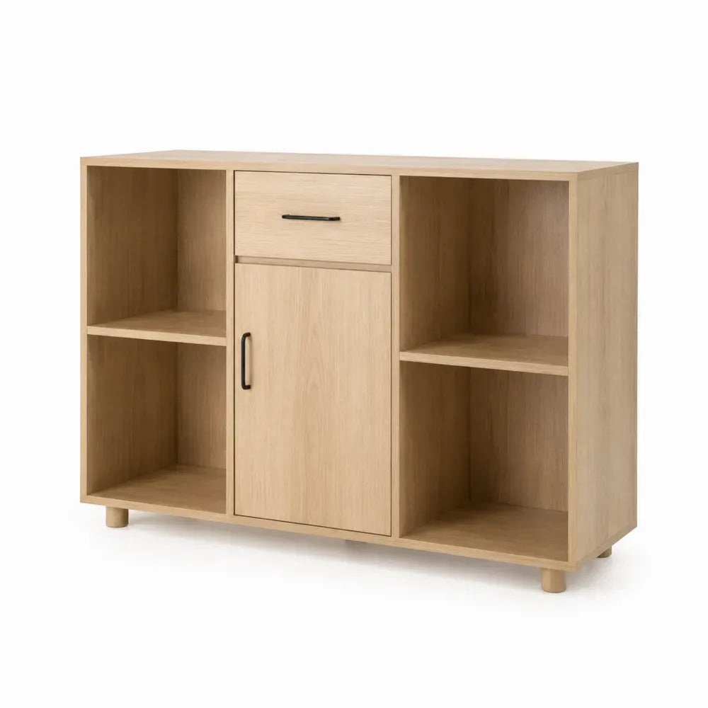 Sideboard mit 1 Schublade 1 Tür und 4 offenen Fächern rechteckig aus melaminbeschichteter Spanplatte eiche natur schwarz 120 x 40 x 80 cm