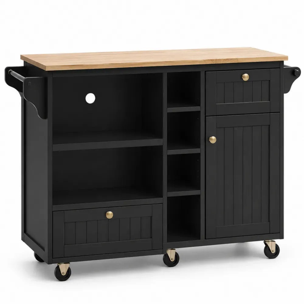 Küchenwagen Sideboard rechteckig aus MDF und Gummibaum-Massivholz mit Rollen Schubladen Tür Schwarz Natur Messingfarben 115 x 40 x 90 cm