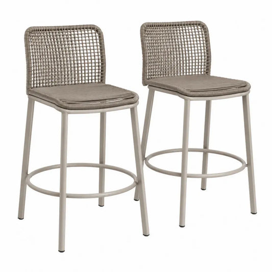 2er Set Barhocker mit Rückenlehne und Fußstütze aus PE-Rattan und pulverbeschichtetem Stahl taupe beige je 52 x 54 x 102 cm