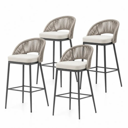 4er Set Barhocker mit Rückenlehne Stahlrahmen PP-Seilgeflecht Polyesterkissen taupe cremeweiß dunkelgrau je 55 x 55 x 100 cm