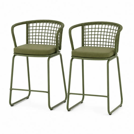 2er Set Barhocker mit Rückenlehne Armlehnen und Fußstütze PE-Rattan Polyesterkissen Stahlgestell olivgrün 58 x 56 x 102 cm