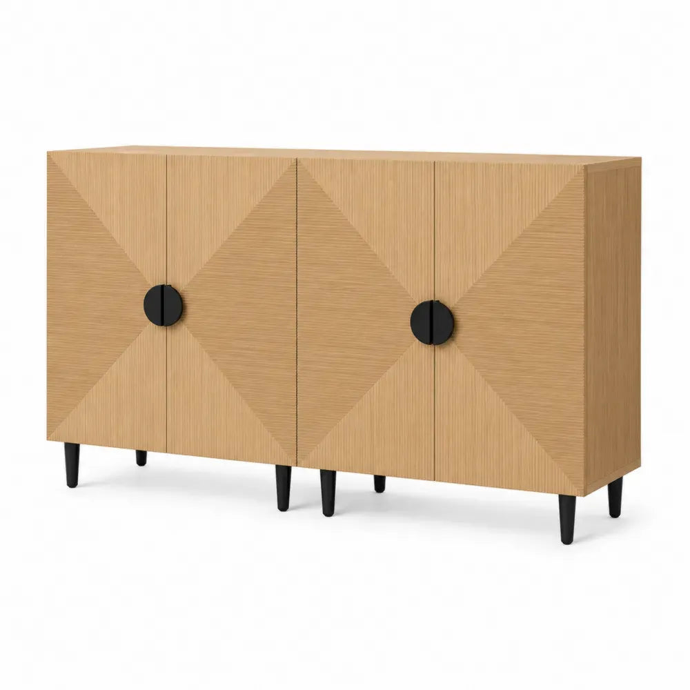 Sideboard mit 4 Türen rechteckig aus MDF mit Eichenfurnier und Rillenfront Natur Schwarz 160 x 40 x 80 cm