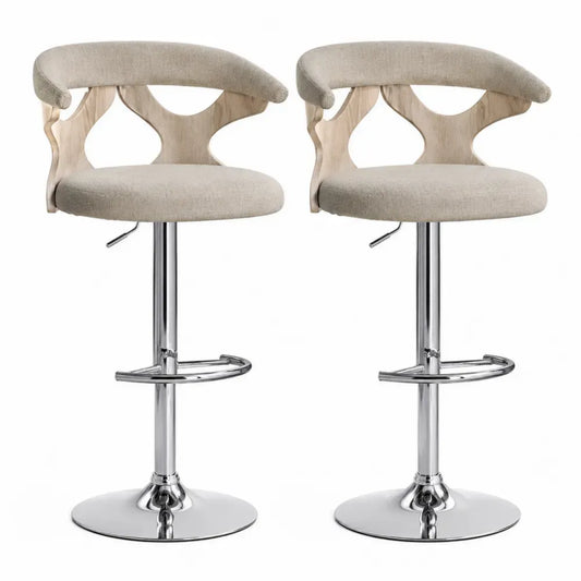 2er Set Barhocker höhenverstellbar drehbar mit Polyester-Bouclé Formsperrholz und verchromtem Stahl beige naturfarben silberfarben 54 x 52 x 87 bis 108 cm