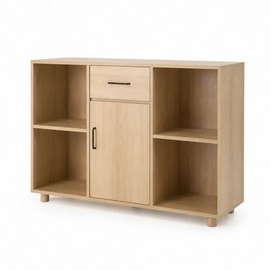 Sideboard mit 1 Schublade 1 Tür und 4 offenen Fächern rechteckig aus melaminbeschichteter Spanplatte eiche natur schwarz 120 x 40 x 80 cm