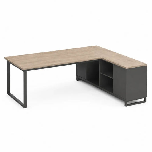 Eckschreibtisch L-förmig mit Stauraum aus melaminbeschichteter Spanplatte und Stahlgestell eiche anthrazit 160 x 140 x 75 cm