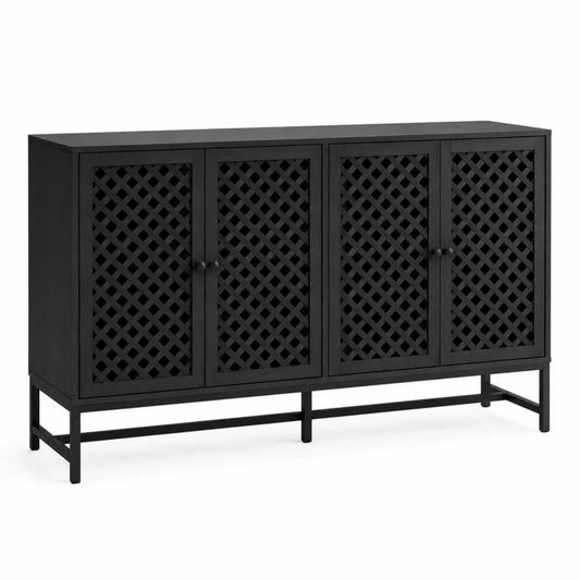 Sideboard mit 4 Gittertüren rechteckig aus MDF Spanplatte und Stahlgestell Schwarz 160 x 40 x 86 cm